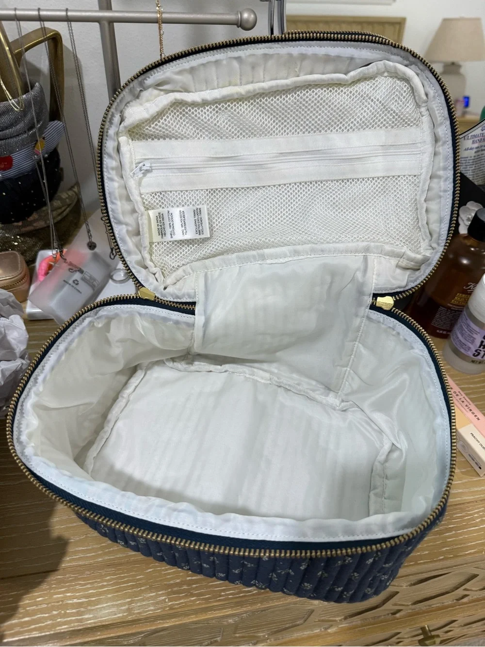 Anthropologie Quilted Navy Floral Travel Case with Top Handle
